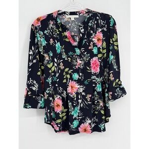 Juniper + Lime Navy Floral Roll Tab Sleeve Blouse Sz PM